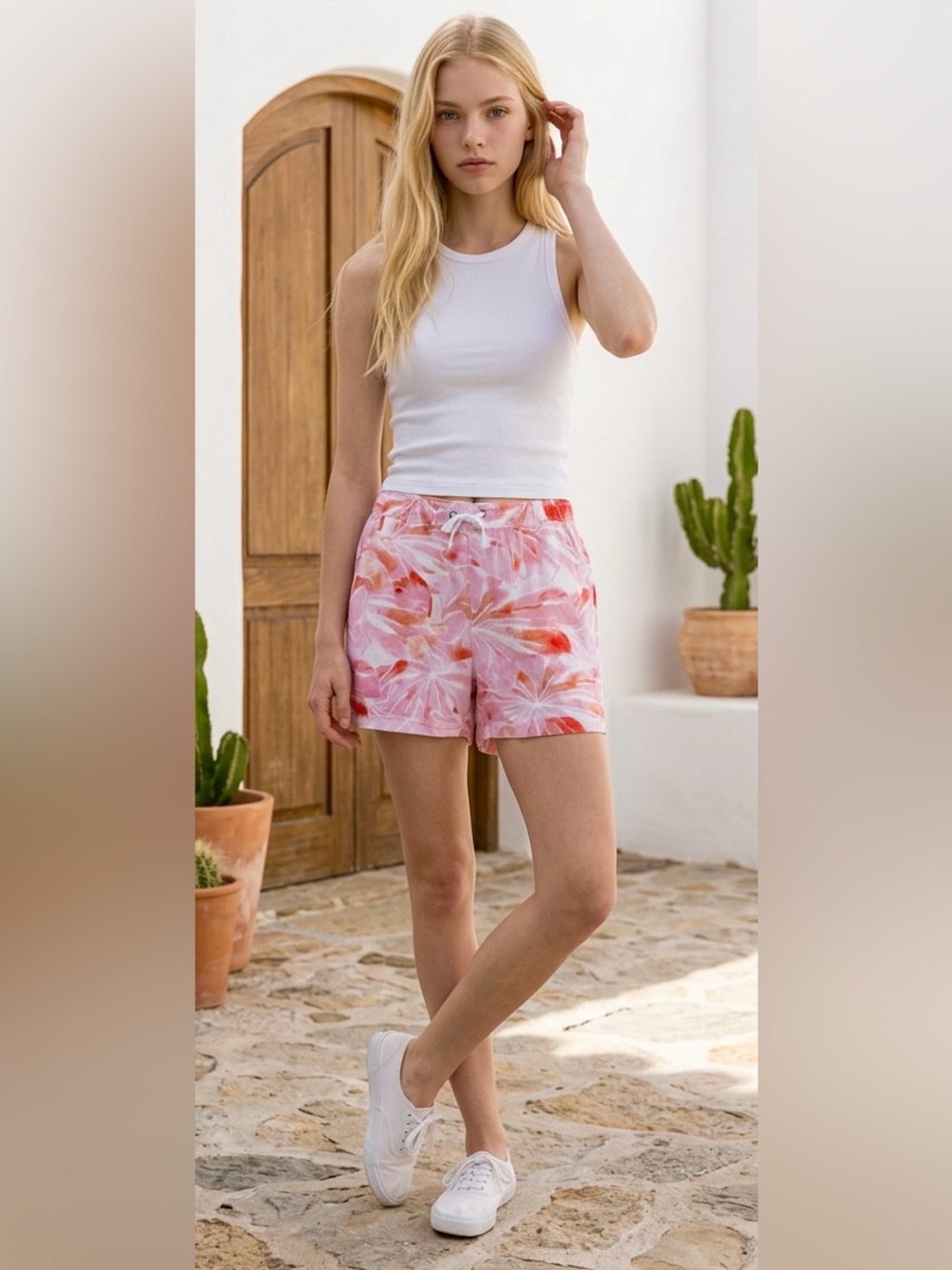 Ladies Da-sh Linen Blend Shorts Drawstring Waist Pink Orange Floral Size L EUC